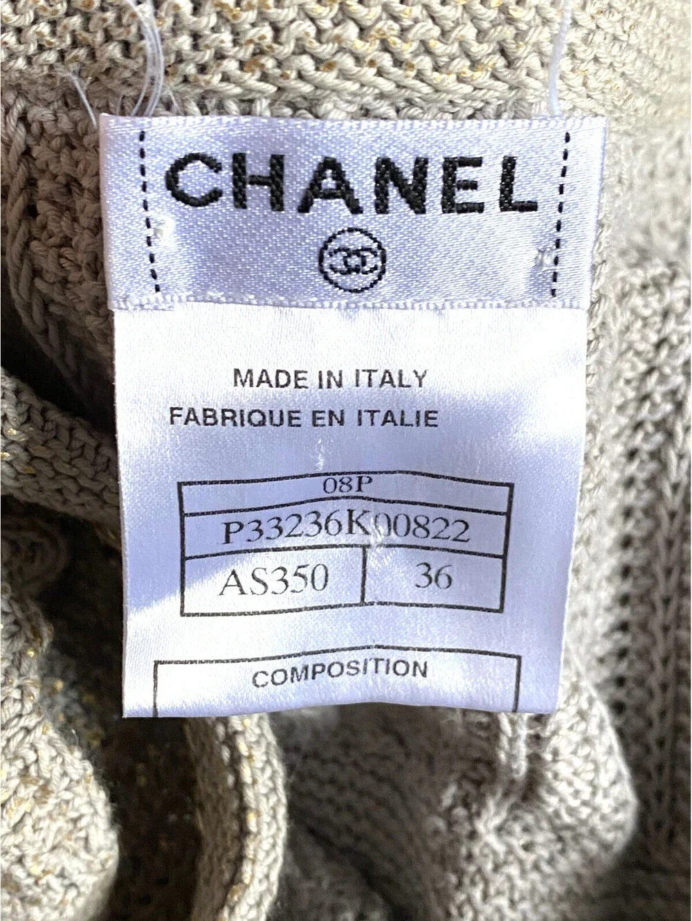 08P CHANEL FR-36 Metallic Knit Short-Sleeve Cardigan Top Gold Chain Trim Pockets